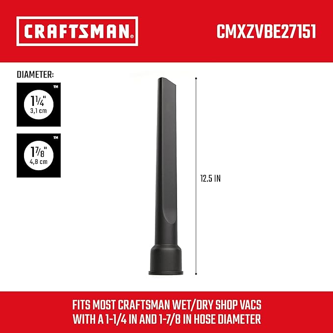 CRAFTSMAN CMXZVBE27151 1-1/4 and 1-7/8 inch DUAL-FIT Crevice Tool Wet Dry Vac Attachment, Industrial-Grade Accessory for Cleaning Tight Areas, Fits Most 1-1/4 in. and 1-7/8 in. Hose Diameters