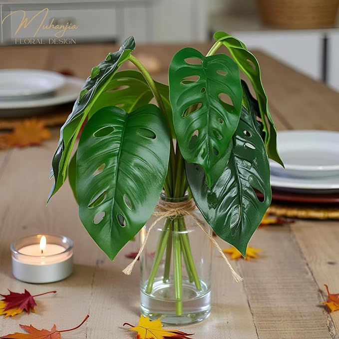Muhanjia Artificial Flowers Turtle-Back, Alocasia Leaf, in Glass Vase with Faux Water,7Pcs Artificial Leaves Real Touch Latex Leaves for Centerpiece (1, Turtle-Back Leaf)