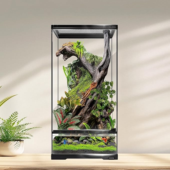 waazoorep 15 Gallon Tall Reptile Glass Tank 12"x12"x24" with Drainage System - Pre-Assembled Vertical Reptile Cage for Arboreal Geckos,Chameleon,Lizard,Tree Frog and Snake with Terrarium Decoration