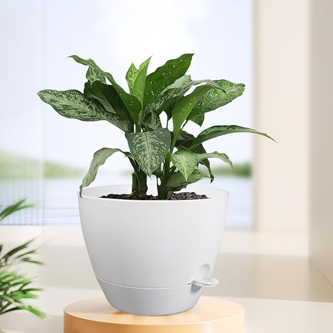 Meowell 12 inch Large Self Watering Pots for Indoor Outdoor Plants, Plant Pots with Mesh Drainage Holes for Garden House Plants, Plastic Planters with Reservoir for Flower Plants, White