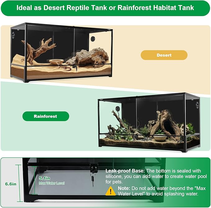 89 Gallon Reptile Tank Large Full Glass Terrarium, Bearded Dragon Tank Front Opening Reptile Enclosure Cage with Anti Escape Ventilated Top Lid for Snake Gecko Lizard Turtle 48''x18''x24''