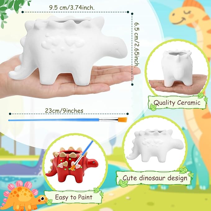 Pasimy 6 Set Ceramics to Paint DIY Ceramic Succulent Planter Pots Paint Your Own Flower Pots Craft Kit Unpainted Bisque Flowerpot with Brush Palette for Family Activity Holiday Gifts(Dinosaur)