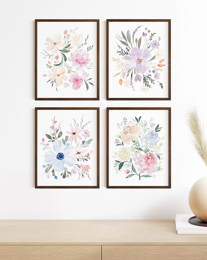 HAUS AND HUES Botanical Prints - Set of 4 Floral Wall Decor, Botanical Flower Pictures (Walnut Frame, 11x14)