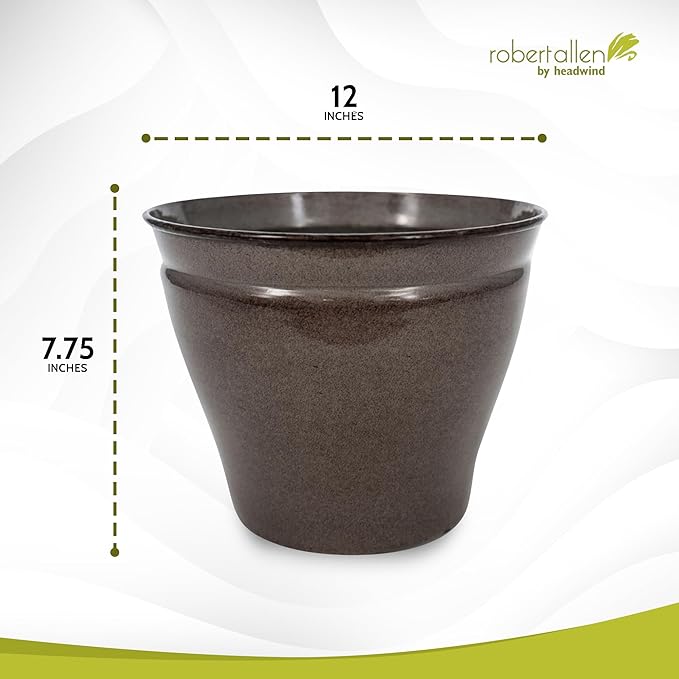 Headwind Glazed Ironstone Avery Collection Decorative Plant Pot – 12" Pebblewood Brown Glazed Decorative Pot – Lightweight & Durable Flower Pots for Indoor Plants - Outdoor Planter by Robert Allen