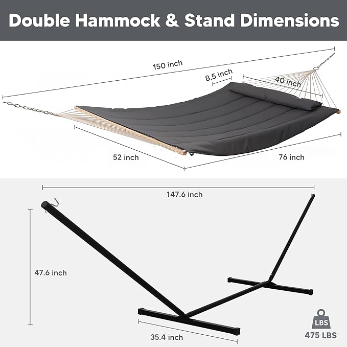 SUNCREAT Double Outdoor Hammock with Stand, Two Person Cotton Rope Hammock with Polyester Pad, Dark Gray