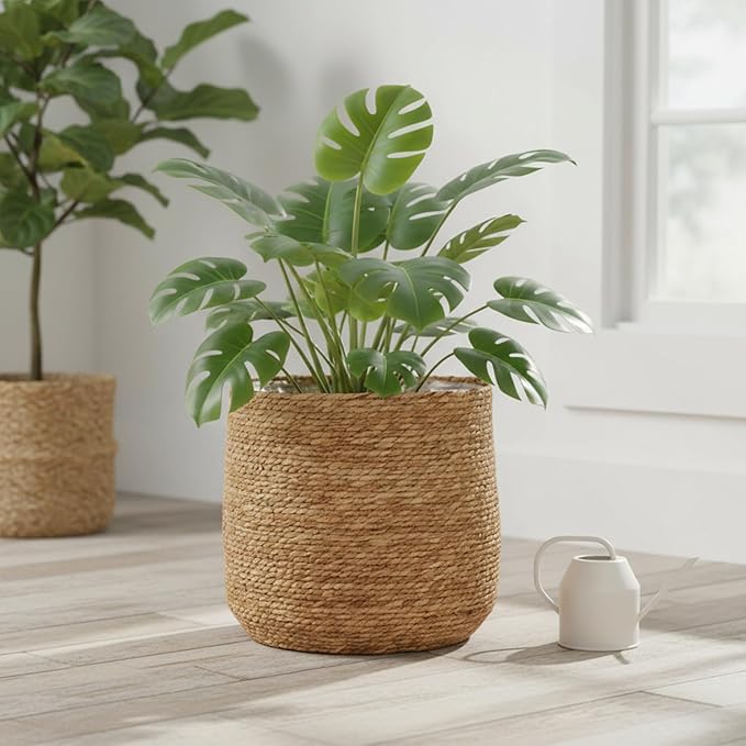 12 Inch Woven Wicker Rattan Planter Basket with Plastic Liner for Indoor Plants and Storage