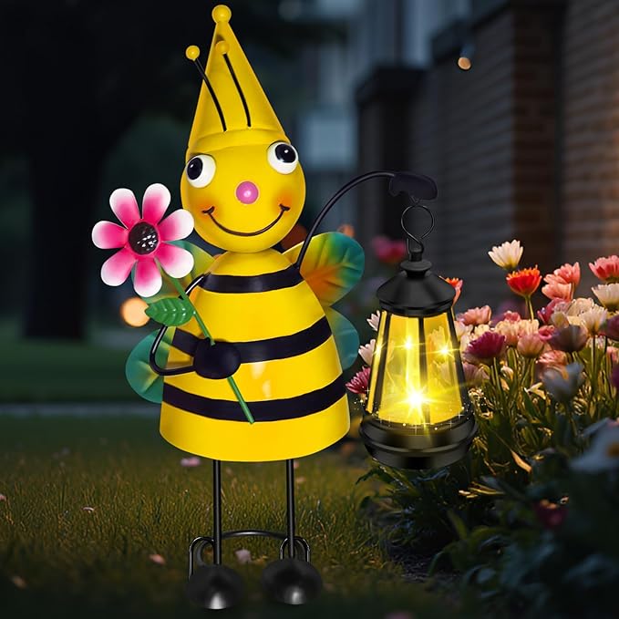 Solar Garden Lights Bee Statue with Solar Lantern Lights,14.17 Inch Garden Lawn Decoration,Birthday Gifts for Women Grandma,Gardening Gifts Decorative Stakes for Yard,Patio,Porch, Christmas,Halloween