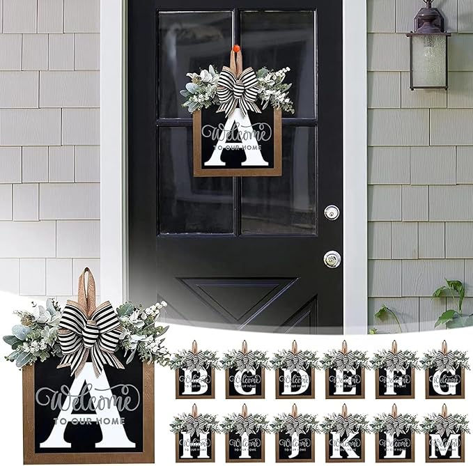 Last Name All Year Wreath, for Front Doors, Spring, Fall, 26 Last Name Letters All Year Round Wreaths, Suitable for Wedding Decorations, Home Porches, Farmhouses, Yards, Garden Decorations, Gifts (A)