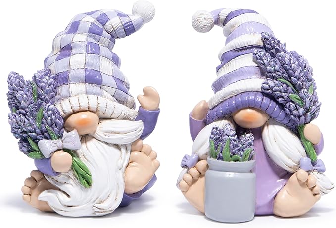 Hodao Set of 2 Lavender Gnome Figurines - Indoor Resin Decor for Home Shelf, Tiered Tray | Spring & All-Season Decoration