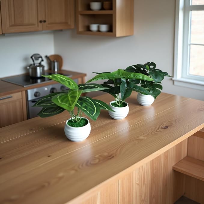 3Pcs 7" Small Artificial Plants in Ceramic Pots, Faux Potted Plants Indoor Small Green Leaf Tropical Fake Plant for Home Room Office Table Shelf Desk Decor