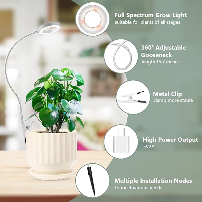 Xuligron Grow Lights for Indoor Plants, Full Spectrum Clip on Plant Lights for Indoor Growing, White Halo Grow Lamp 3 Pack with 360° Gooseneck, 6/12/16H Timer, 3 Light Modes, 5 Dimmable