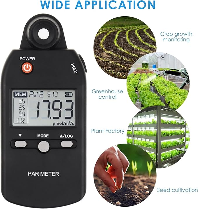 Quantum PAR Meter for LED Grow Light Full Spectrum PPFD Meter High Precision Quantum Sensor, Light Meter for Plants, Greenhouse and Farming Lux Meter Tester 400-700nm