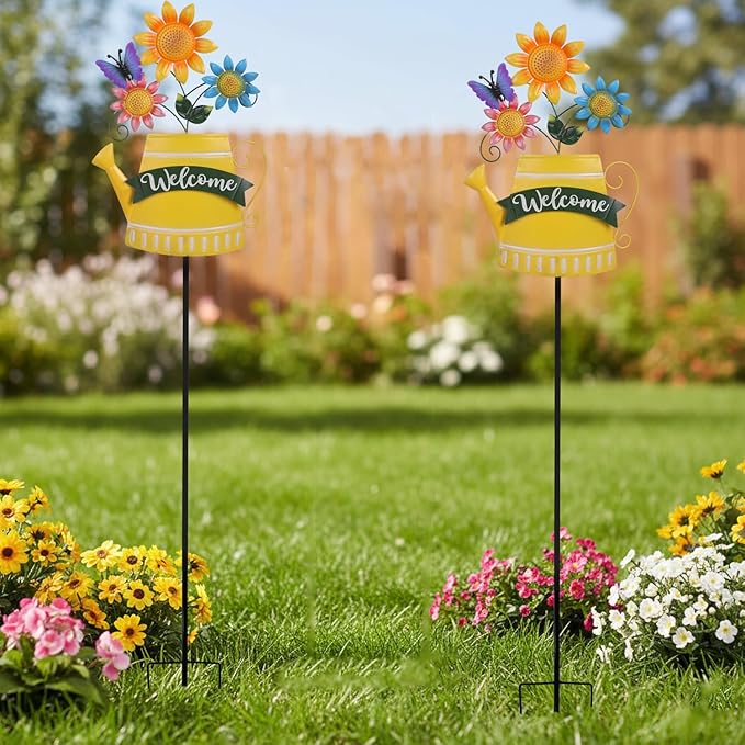 48inch Spring Metal Flowers for Outside with Decorative Butterfly, Tall Flower Garden Stakes Metal Welcome Signs for Outside, Yard, Lawn, Pathway, for Mom