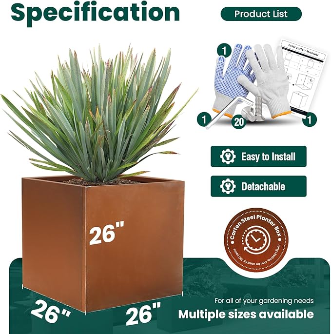 GZGNEEVL Corten Steel Planter Box Metal Square Planters Steel Large Planter Outdoor Tall Plant Durable Antique Detached for Commercial Residential Patio Deck and Backyard 26 Inch