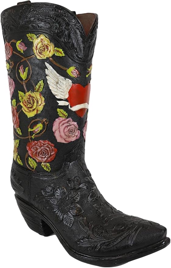 Ebros Gift Rustic Western Black Faux Tooled Leather Cowboy Cowgirl Boot with Colorful Rose Flowers and Angel Winged Heart Decorative Figurine Or Floral Vase Planter Table Countertop Accent