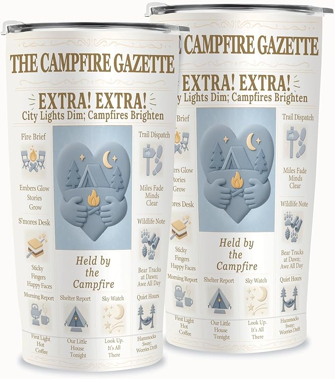 SNUGLYZEN Camping Tumbler 20 oz Stainless Steel Travel Cup with Lid, Vintage Camp Newspaper Design, Tent & Trees Night Sky Art, Outdoor Coffee Mug, Gift for Campers Men Women