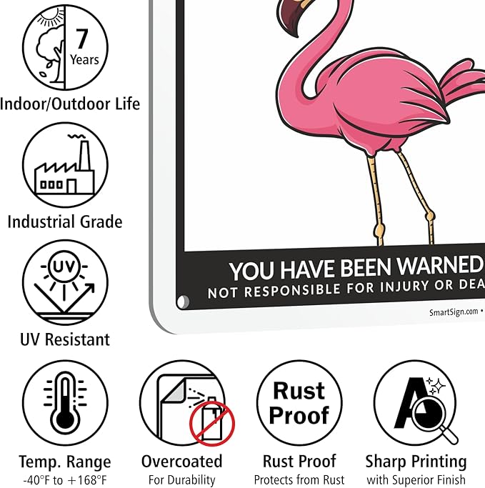SmartSign Funny Beware Of Flamingos Warning Sign - 10"x7", 40 mil Laminated Rust-free Aluminum - Metal Signs for Women Bedroom, Outdoors, Yard, Patio, Gifts, Cafe - Pink Flamingos Theme, Made in USA