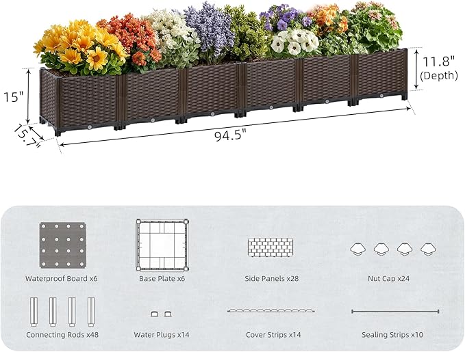 Large Rattan Planter Outdoor-Elevated Garden Box with Drain Outlet 95"L x 16"W x 15"H, Self Watering Raised Garden Beds Deep Elevated Planter Box for Vegetables, Flowers, Herbs Standing Gardening Kit