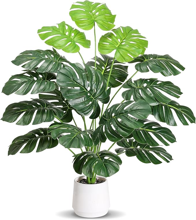 28'' Fake Plants Large Artificial Monstera Faux Plants Indoor Tall Plant, with White Planter Ideal, for Home Living Rooms, Patios, Porches, Bathrooms, and Outdoor Decor