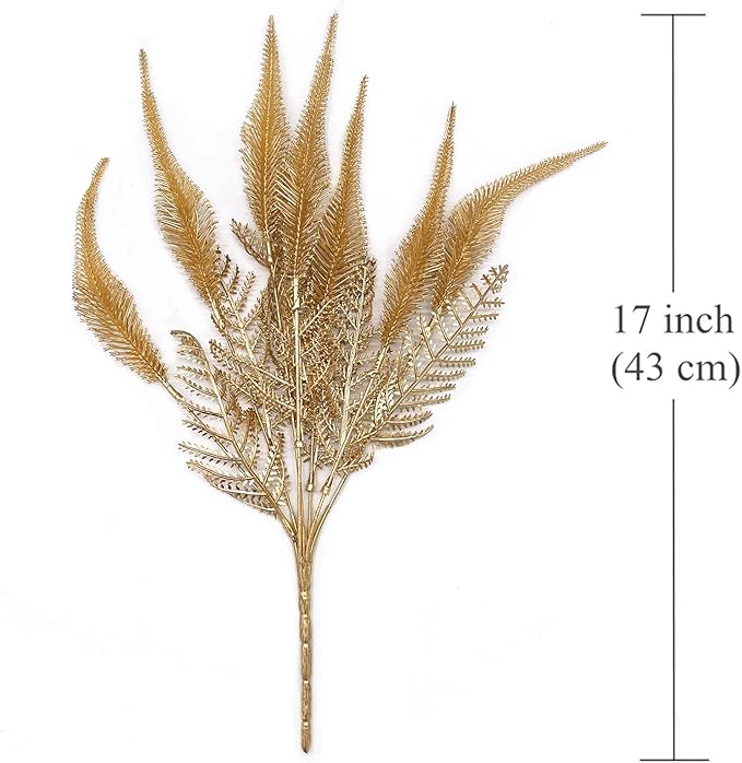 Fake Plants Christmas Decor, Artificial Golden Plant Fake Fern Shrubs Faux Plastic Leaves for Indoor Outdoor Home Garden Party Hall Wedding DIY Gold Foliage Decoration Tail Grass Bunches - 6 Pack