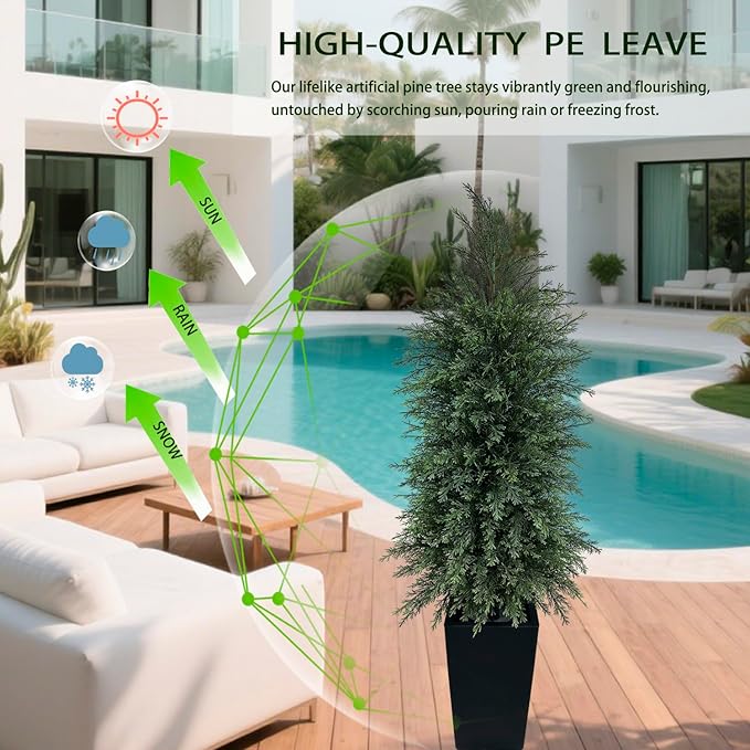 5FT Artificial Topiary Tree with Tall Black Planter Beautiful Realistic Faux Cedar Pines Christmas Trees UV Rated Fake Shrubs for Front Porch Faux Plants Indoor and Outdoor Decor (1 Pack)
