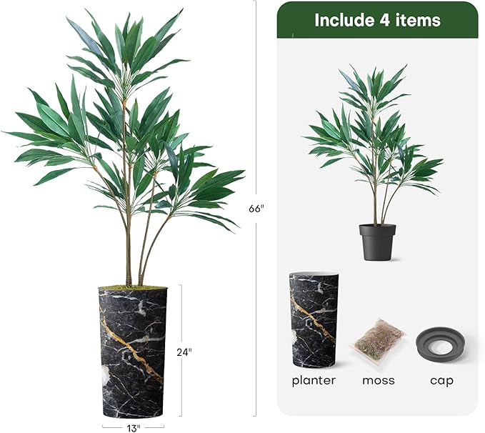SIGNWIN Artificial Tree in Modern Granite Effect Planter, Fake Dracaena Tree Silk Trees for Indoor and Outdoor Home Decoration - 66" Overall Tall (Plant Pot Plus Tree)