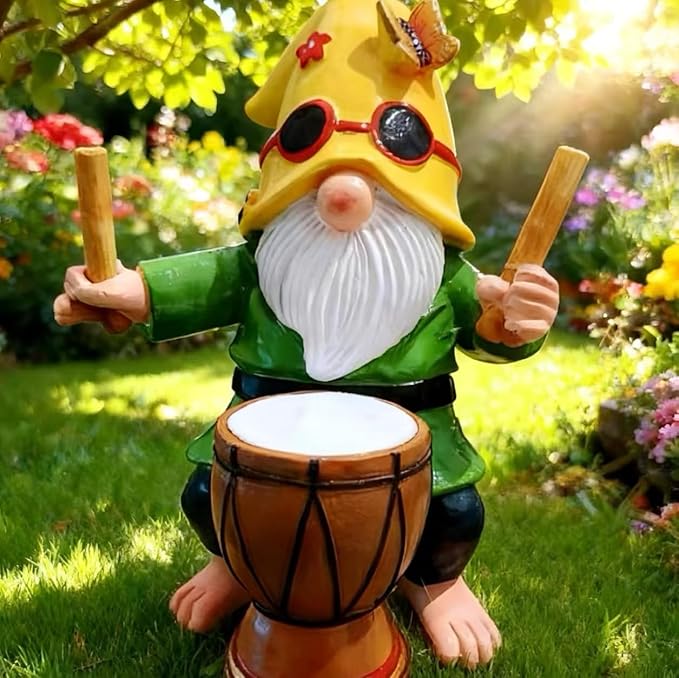 Garden Gnome Outdoor Decorative Statue, Yellow Hat with Sunglasses, Green Outfit, Drummer Design for Patio and Lawn Decor