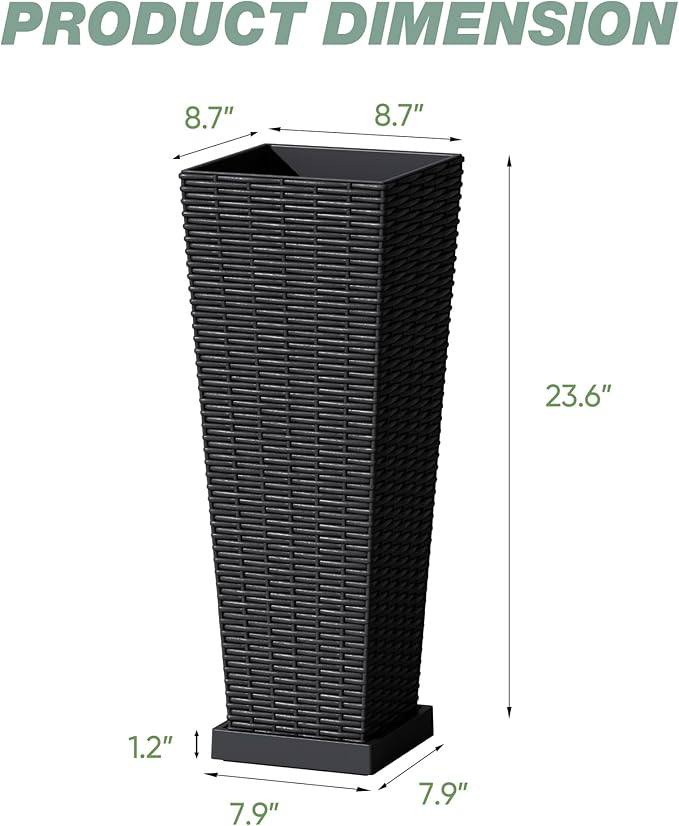 Flamaker Set of 2 Resin Rattan Planters with Tray for Indoor Outdoor, 24'' Tall Flower Pots with Drainage Holes&Inner Pot, Tapered Planters for Garden, Patio, Porch (Black, Small)