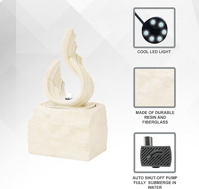 XBrand 25" H Outdoor Garden Water Fountain, Stone-Look Modern Sculptural Freestanding Fiber Resin Fountain with LED Lights for Patio, Backyard, Porch & Lawn, White