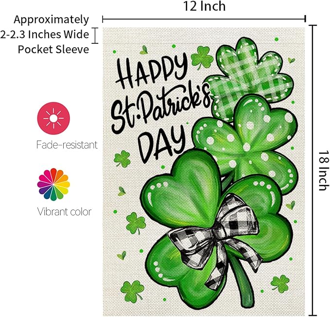 CROWNED BEAUTY St Patricks Day Garden Flag Shamrocks Clover 12x18 Inch Double Sided Green Holiday Decoration for Outdoor Lawn Yard CF1928-12