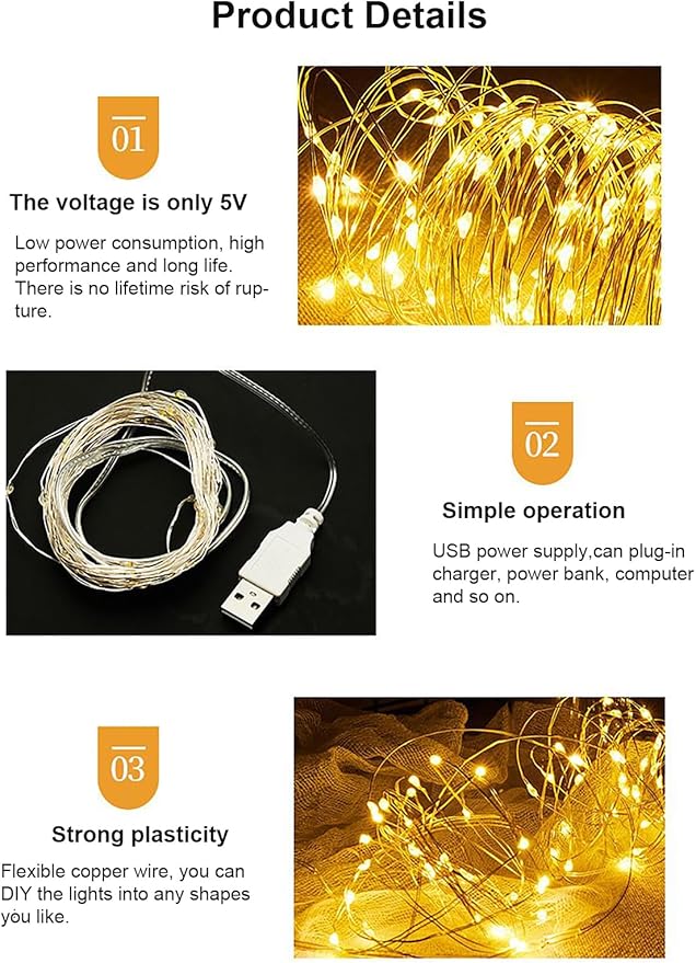 Sokelinn-six 2m 20 LEDs Fairy String Lights, USB Powered String Light for Desk Office Christmas Tree Party Decoration (Warm, 2)