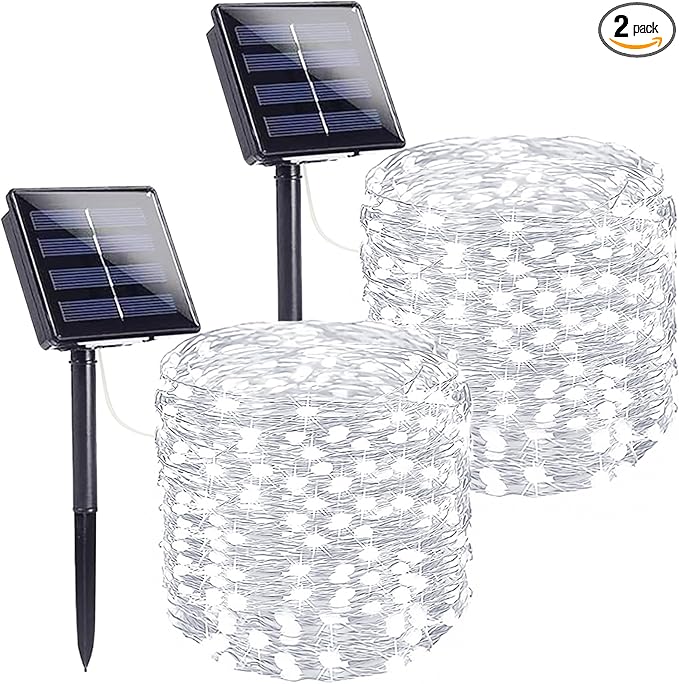 Extra-Long Solar String Lights Outdoor, 2-Pack 200LED Solar Fairy Lights for Outside Waterproof, Silver Wire 8 Modes Solar Powered Twinkle Lights for Tree Garden Party Xmas Wedding Decor (Cool White)