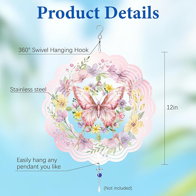 Butterfly Wind Spinners Outdoor, Birthday Gifts for Women Wife Mom, Butterfly Hanging Wind Sculptures Spinners for Christmas, 12 inch Outdoor Indoor Hanging Ornament for Garden Backyard Lawn
