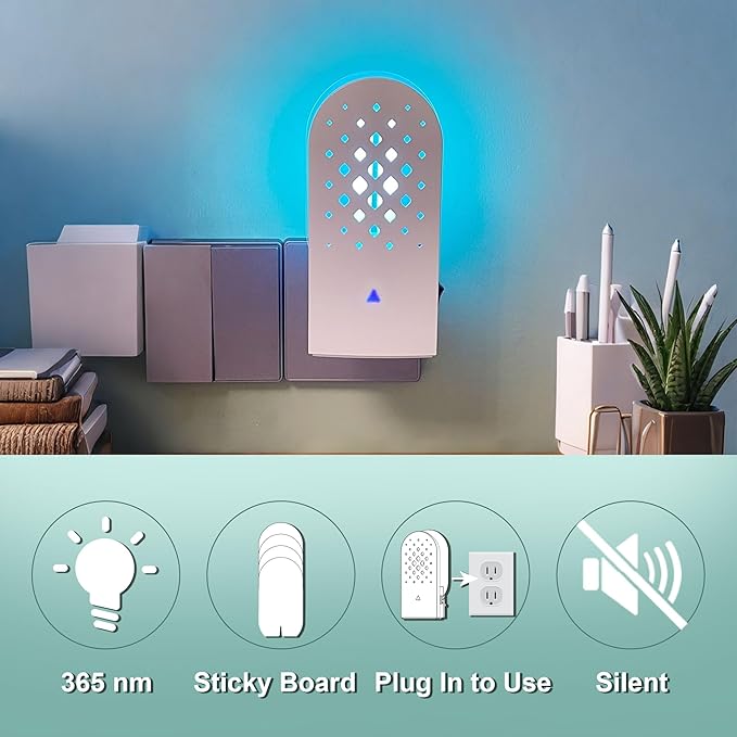 Lulu Home Indoor Flying Insect Trap, 2 Packs Plug-in Bug Light Catcher with 10 Reversible Sticky Pads, 365nm Wavelength Attracting Mosquitos, Moths, Fruit Flies, Gnats and More for Home & Office