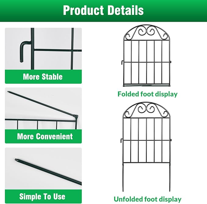 ADAVIN 10 Panels Collapsible Garden Fence Animal Barrier Fence,11ft(L) x 24in(H) Black Rustproof Metal Wire Panel Border for Dogs Rabbits, Flower Edging for Landscape Patio Yard Outdoor Decor, Arched