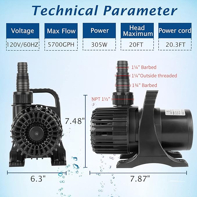 WaterRebirth (5700GPH-305W, UL listed) High Flow Large Fountain Submersible Water Pond Sump Pump Aquarium Electric Waterfall Pump Outdoor PS-5700