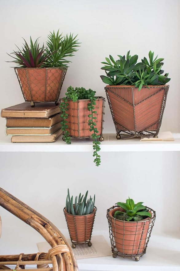 MY SWANKY HOME Rustic Terra Cotta Set Five Assorted Flower Planters Wire Wrap Brass Detail Pots