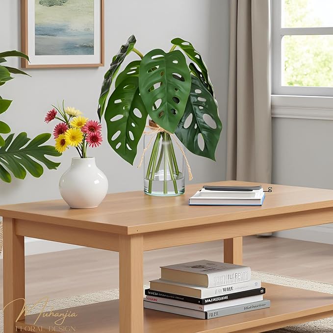 Muhanjia Artificial Flowers Turtle-Back, Alocasia Leaf, in Glass Vase with Faux Water,7Pcs Artificial Leaves Real Touch Latex Leaves for Centerpiece (2, Turtle-Back&Alocasia Leaves)