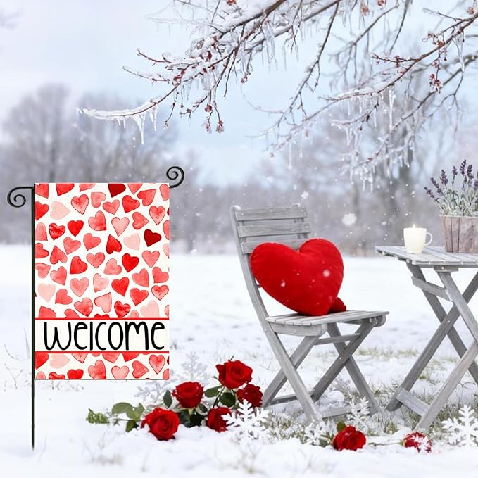 Welcome Love Hearts Garden Flags for Outside Decoration, Valentines Love Hearts Small Yard Flag, Anniversary Wedding Seasonal Farmhouse Holiday Outdoor Decor 12x18 Inch Vertical Double Sided