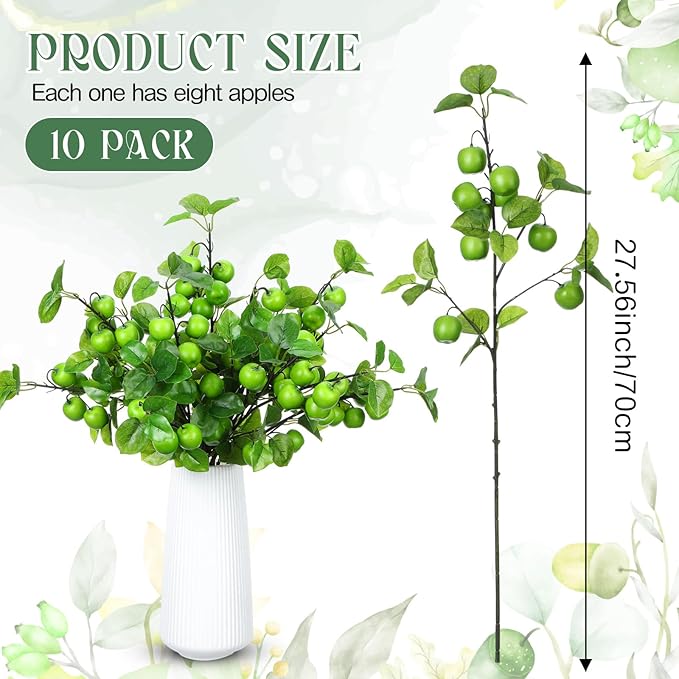 10 Pcs 27.56 Inches Artificial Fake Apple Branches Realistic Tall Apple Bouquets Tree Branch with Long Stem and Green Leaves Fruit Plant for Home Office Vase Filler Shop Decoration