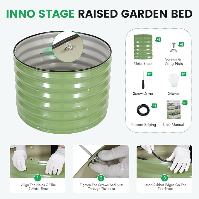 INNO STAG 3 Pcs Round Galvanized Raised Garden Bed — 2×2×1.4ft Planter Box Outdoor Raised Beds Kit for Gardening Vegetables, Fruits, Herbs, and Flowers, Olive Green
