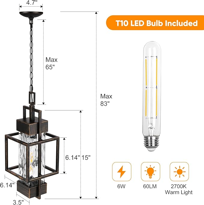 15" Outdoor Indoor Pendant Light Exterior Hanging Lantern, Modern Black Metal Outside Chandelier Light Fixture Ceiling Mount with Water Glass for Front Porch Entrance Foyer Entryway, Black Brush Gold