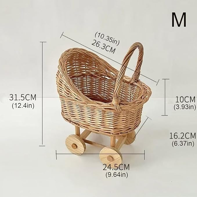 Handmade Wicker Flower Basket Woven Rattan Pushcart Planter Small Stroller Design Fruit Gift Box with Handle for Wedding Baby Shower Centerpiece Candy Storage Home Decor (M)