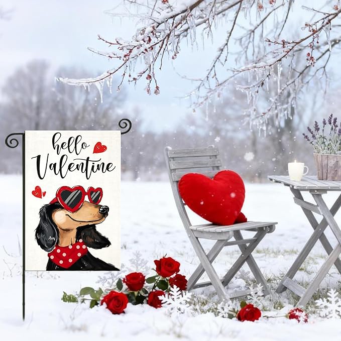 Hello Valentines Garden Flags 12x18 Inch Double Sided, Dachshund Dog with Love Sunglass Heart Small Seasonal Decoration for Holiday Anniversary Wedding Yard Outside Outdoor