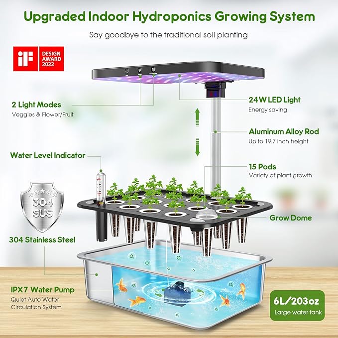 Indoor Garden Hydroponics Growing System: 15 Pods Stainless Steel Herb Garden Kit with Grow Light, Plant Germination Kit, 6L Large Tank, Quiet Pump, Auto Timer, Christmas Gardening Gift for Women