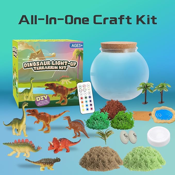 kiddgroo Dinosaur Light-Up Terrarium Kit for Kids- Birthday Gifts for Boys Ages 4 5 6 7 8-12 Year Old- Dinosaur Toys for Boys with Multicolor LED Light & Remote