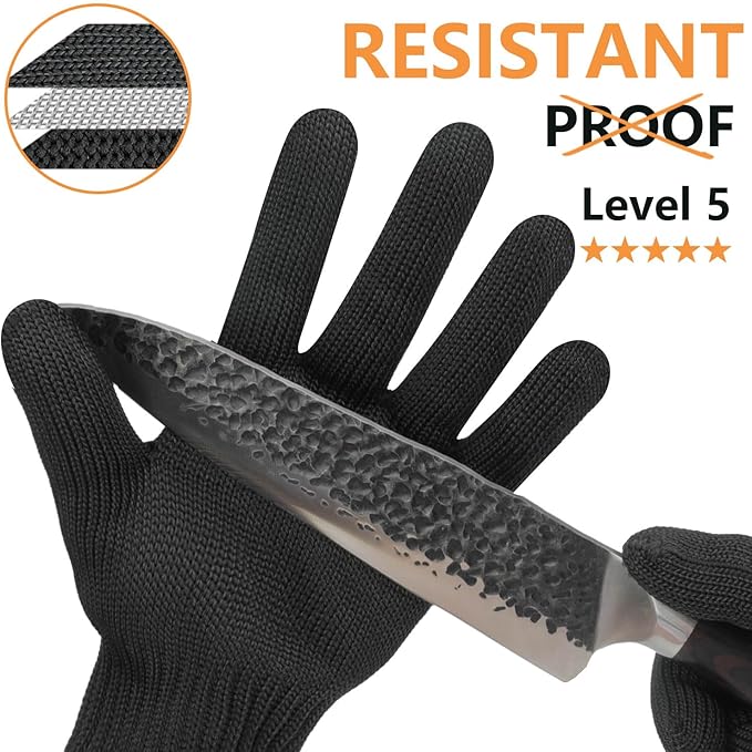 Level 5 Cut Resistant Gloves for Kitchen & Mandoline Slicer, Safety Food Grade Stainless Steel Wire Protection, High Dexterity Ambidextrous Work Gloves for gardening, Woodworking, Black (L)
