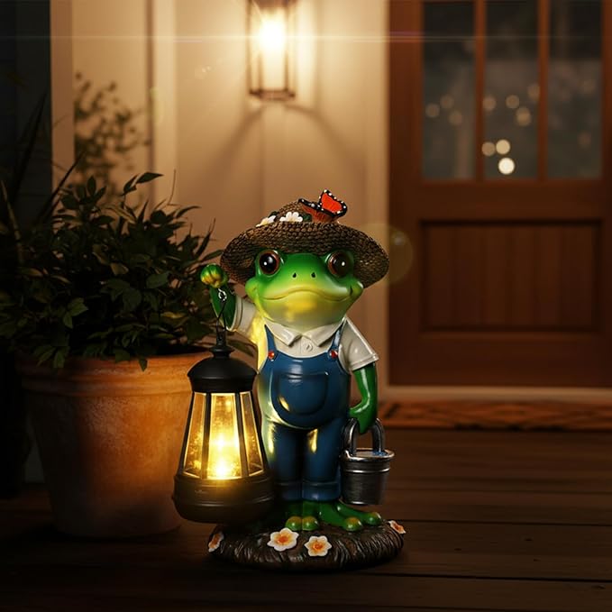 YHSOLAR Solar Garden Decor - Frog Statues with Lantern 9" Resin Solar Frogs for Outdoors Patio Yard Porch Lawn Balcony Decor Ideas Animal Lover Gardening Gifts for Women Mom Wife
