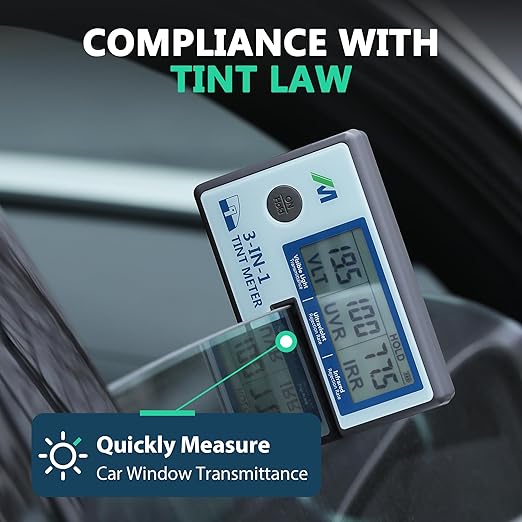 Mxmoonfree Tint Meter, Digital Window Tint Meter, 3-in-1 Solar Film Transmission Meter, UV IR Rejection Meter Spectrum Tester for Precise Filmed Glass Testing Window Tint, for Roll Down Windows ONLY
