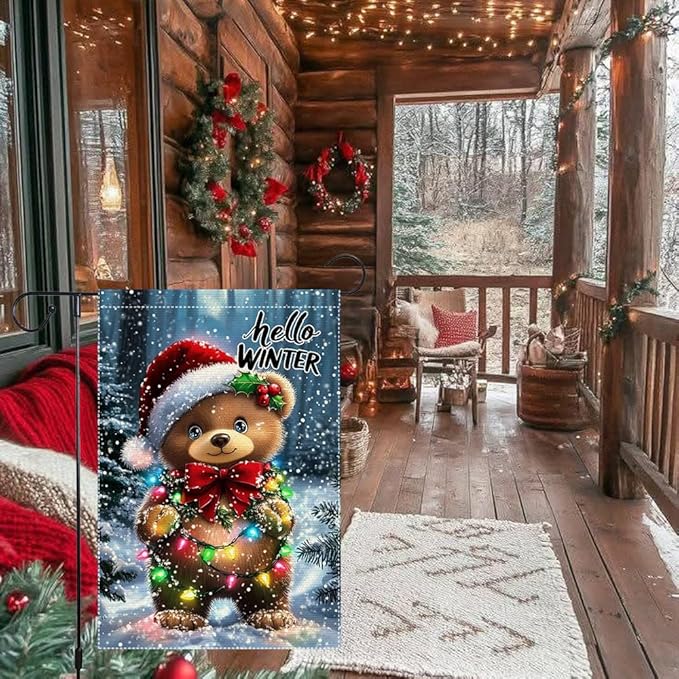 Hello Winter Garden Flag 12x18 Inch Double Sided Burlap Christmas Yard Flag Cute Bear with Lights Holiday Outdoor Small Winter Decorations for Lawn Porch Patio Tree